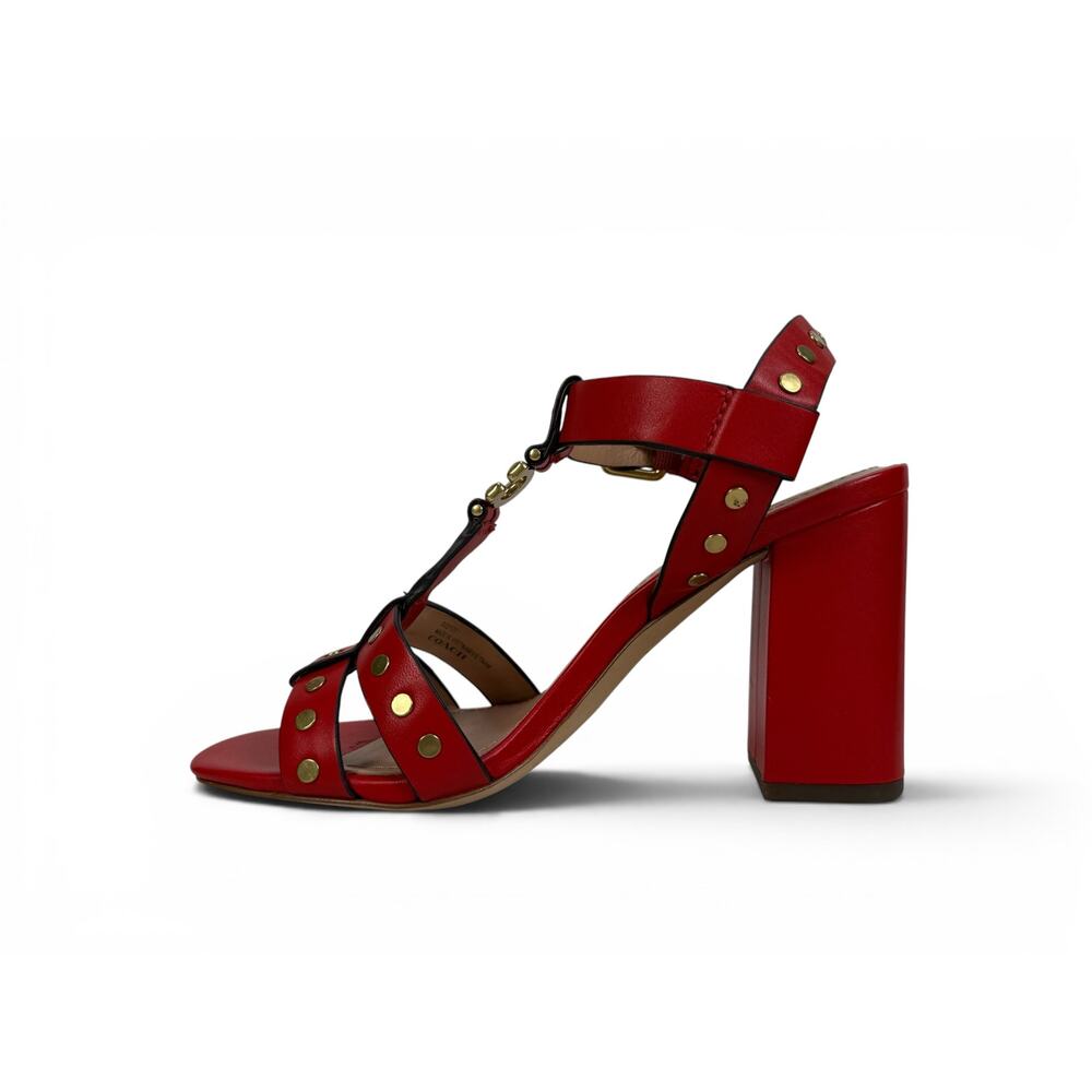 Coach Margaret Sandal Womens 6 Red Leather Studded Block Heel Ankle Strap - Picture 3 of 16